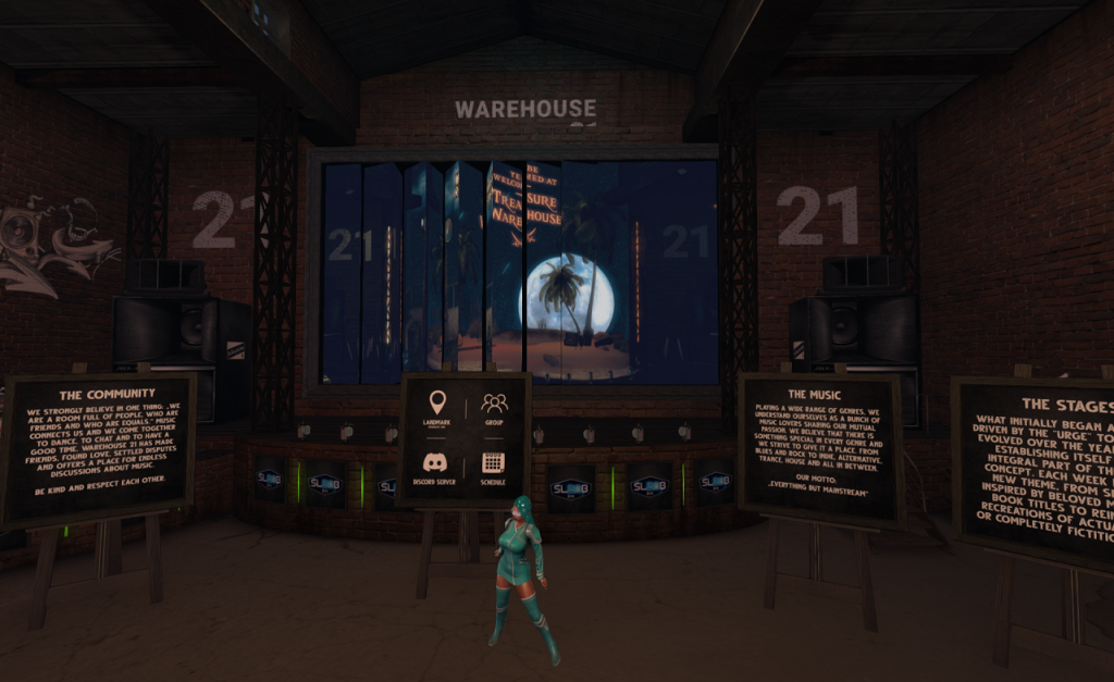 A woman with shiny cyan hair and wearing a short cyan tunic and boots stands before a series of information panels on easels. These are titled "The Community", "The Music", and "The Stages". The central, smaller, panel contains icons for Discord, a calendar, a group, and a landmark. On the back wall, a multi-panel animated display is in the middle of transitioning between photos.