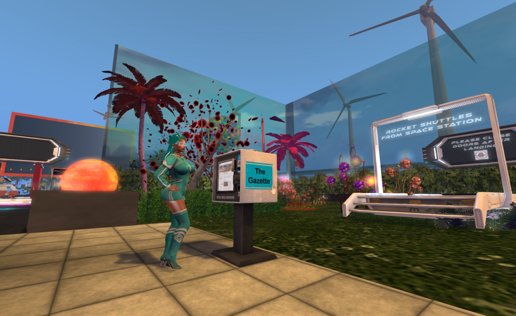 A woman with cyan hair and wearing a visor, a short cyan tunic with white piping and long sleeves, and mid-thigh high cyan boots stands before a newspaper vendor labeled "The Gazette." Alien looking plants with purple leaves and blossoms rise behind her. To the right, a short set of stairs leads to a rectangular archway within which an illuminated sign reading "Rocket Shuttles From Space Station" hangs. The foreground is covered by a plaza of large concrete pavers.