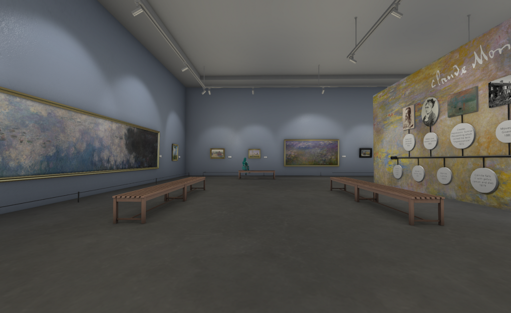 A long gallery room with soft blue walls and gray carpet. Long benches are positioned parallel to the left and right walls. A shorter bench sits along the far wall in the distance. A woman dressed in cyan is sitting on that bench looking at one of the smaller paintings. Along the left wall is one of Claude Monet's larger water lily studies. It runs nearly the whole length of the wall. On the right wall is a time line display with eight information ovals and four photographs above them. The background of the timeline is one of Monet's summer scenes. Three smaller paintings and one medium sized one are hanging on the far wall. The larger one can be seen to be one of his summer time scenes.