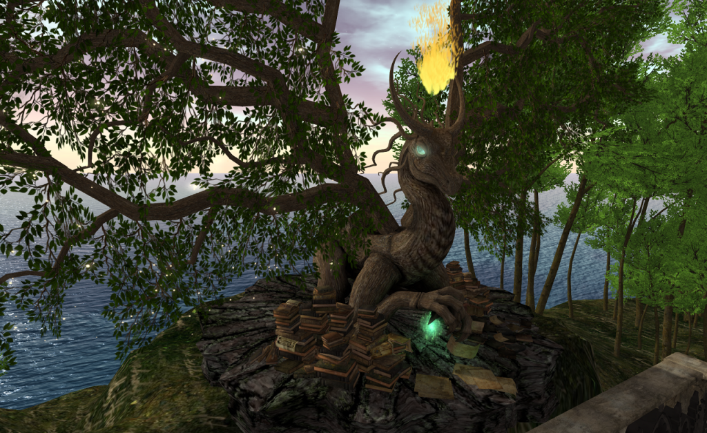 A dragon with glowing blue eyes and a flame burning above its head sits by a tree that is growing out of a stone circle. The dragon is sitting on hoard of piled books. To the right, a grove of young trees sits. In the distant background the ocean can be seen.