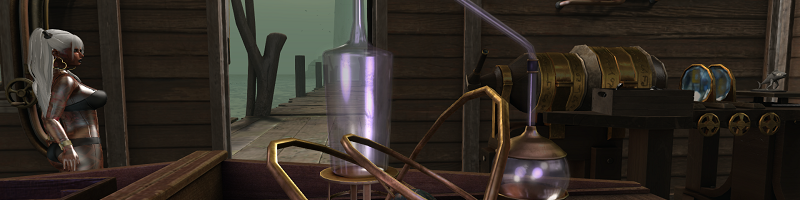 A woman with long white hair in pigtails with shiny skin and wearing a black bikini stands at the left looking toward the right. The view is filled with odd looking lab equipment in a steampunk style. There is a door just left of middle which leads outside. A wooden pier can be seen through it.