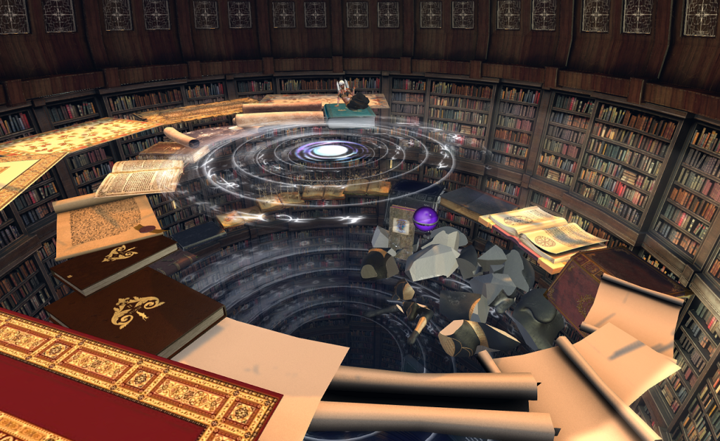 The view looks down into a tall cylindrical library room. Shelves line the walls tens of feet in height. A spiral stair formed of floating books and scrolls runs up the sides of the room. What appears to be a magical disk of some kind of force forms a sort of floor at the top of this stair.